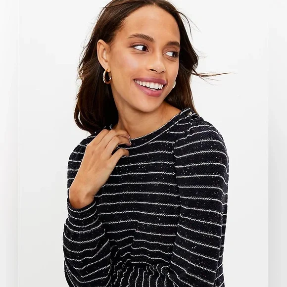 Loft | Shimmer Striped Shoulder Button Ruffle Dress Small - Picture 3 of 4